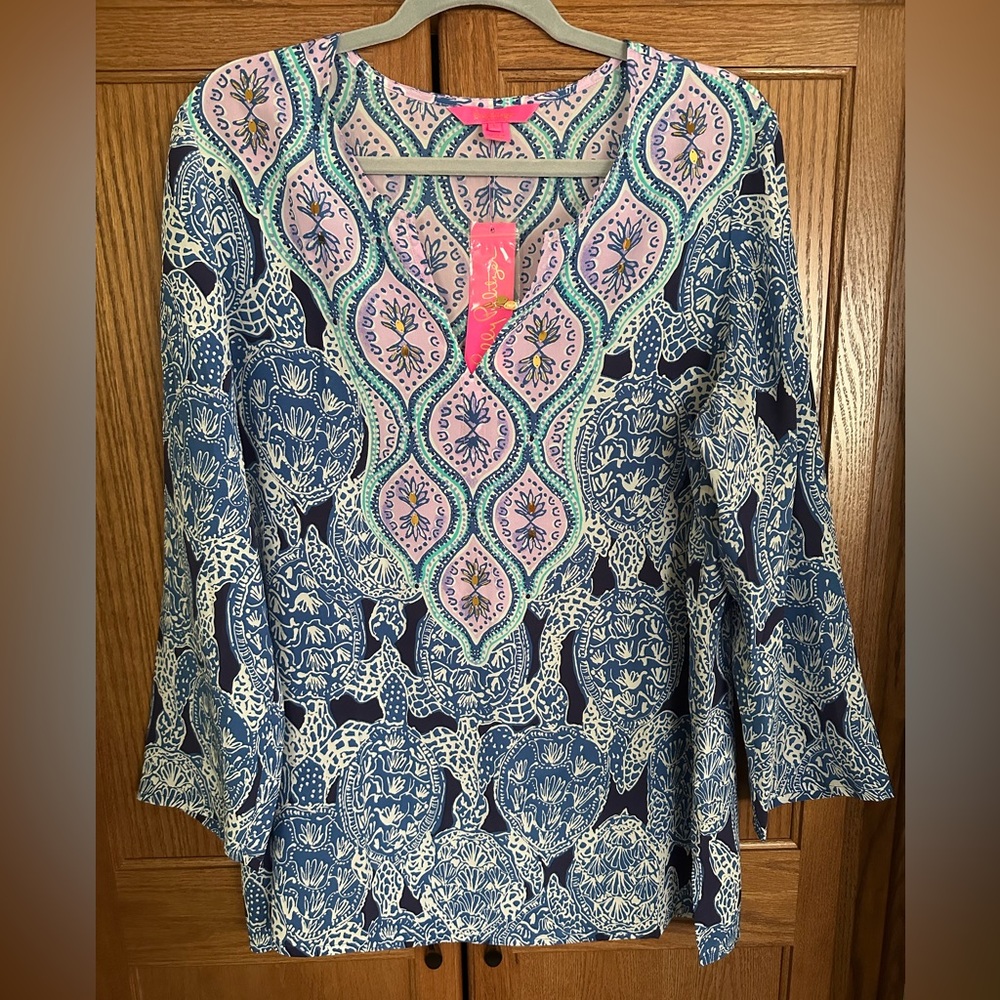 Lilly Pulitzer Renato Silk Tunic Top Blouse Deep Indigo Snap To It Sequin NWT